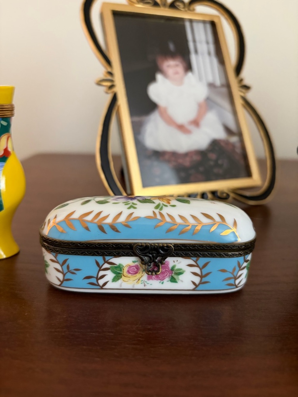 Blue and White Floral Porcelain Trinket Box with Gold Accents